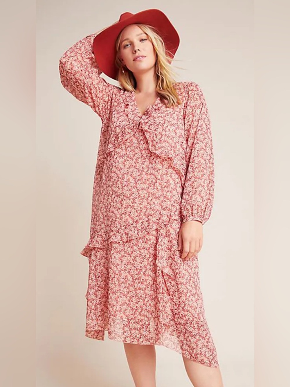 Anthropologie Maeve Sirena Floral V-Neck Tiered Ruffle Tunic Midi Dress - Pink